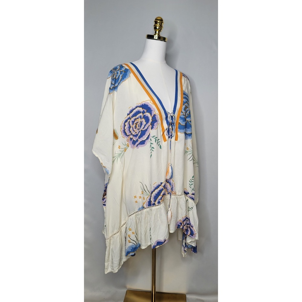 Z&L Floral Boho Tunic Top One Size Blue Orange Cream Tassel Peasant Blouse